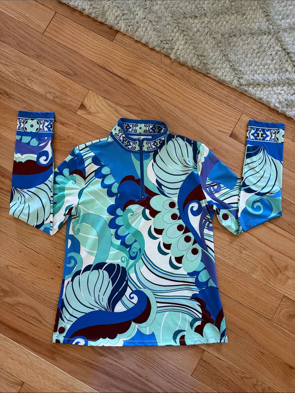Quarter-Zip Long Sleeve Top in Blue Multi Swirl Print